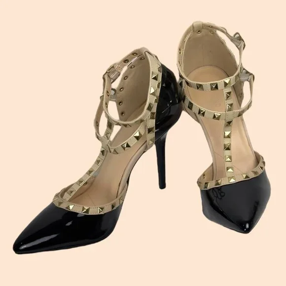 Wild Diva Lounge 64 Sexy Stud Patent Leather Stiletto Black Beige Heels Size 9 - Picture 6 of 16